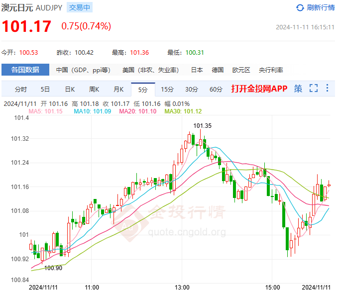 2024年11月11日：日本央行利率前景不明 澳元/日元升至101上方